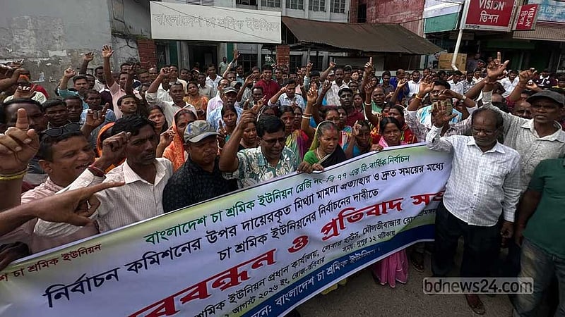 ইউনিয়নের নির্বাচনের দাবিতে মৌলভীবাজারে চা শ্রমিকদের মানববন্ধন