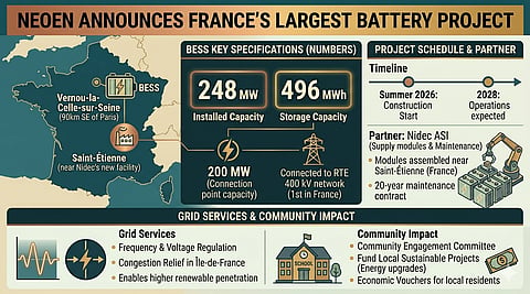 Infographic detailing Neoen's 248 MW / 496 MWh Battery Energy Storage System (BESS) project in Vernou-la-Celle-sur-Seine, France, the country's largest. It will be the first battery connected to RTE's 400 kV network. Construction starts Summer 2026, with operations expected by 2028. Modules will be assembled by Nidec ASI near Saint-Étienne. The project aims to provide grid stability services (frequency regulation) and congestion relief in Île-de-France, while delivering local community benefits such as sustainable project funding and energy bill vouchers.