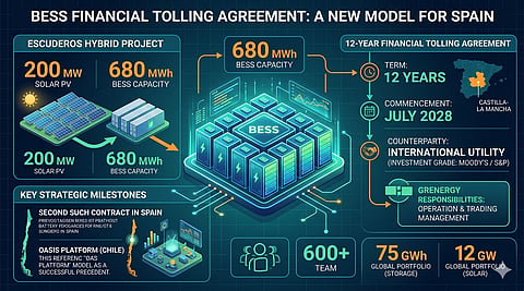 Infographic for Grenergy’s Escuderos hybrid project in Spain, featuring a 200MW solar field and a central 680MWh Battery Energy Storage System (BESS) secured by a 12-year financial tolling agreement.