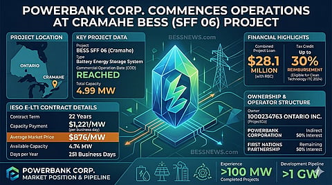 Battery energy storage system installed alongside a solar project in Ontario, showing grid-connected infrastructure for clean energy storage and distribution.