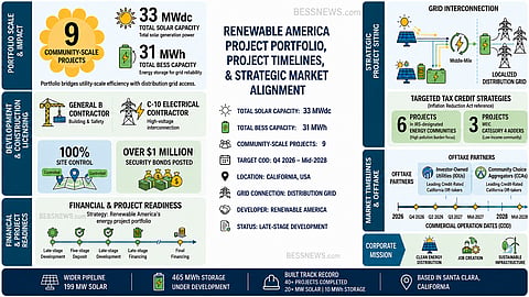 Renewable America infographic showing 9 community-scale solar projects with 33 MWdc solar capacity and 31 MWh BESS capacity in California. The image highlights distribution-grid interconnection, tax credit eligibility, offtake partners, project readiness and target COD from Q4 2026 to mid-2028.