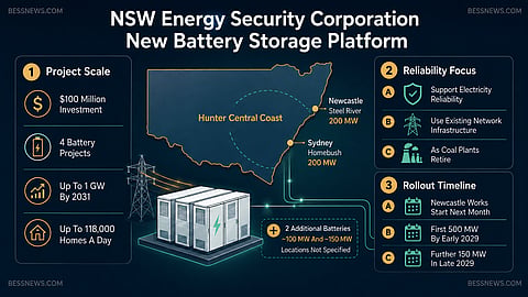 Infographic showing NSW Energy Security Corporation’s $100 million investment in four battery projects across Sydney, Newcastle and the Hunter Central Coast. It highlights project scale, confirmed 200 MW sites, reliability focus and rollout timeline through 2029 and 2031.