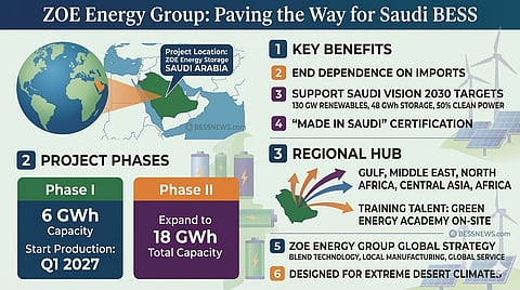 An infographic detailing ZOE Energy Group’s new BESS manufacturing facility in Saudi Arabia, highlighting project phases and regional impact. The layout includes production timelines, strategic goals, and capacity targets, all aimed at fostering local clean energy growth.