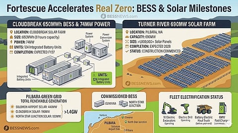 An infographic detailing Fortescue’s Real Zero renewable energy projects, including the Cloudbreak BESS and Turner River solar farm. It summarizes key infrastructure, fleet electrification progress and the 1.4GW Pilbara Green Grid capacity.