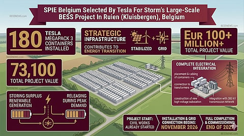 This infographic outlines the SPIE Belgium and Tesla project in Kluisbergen, highlighting the installation of 180 Megapack 3 units. It details the EUR 100+ million investment, grid integration plans and the project timeline from November 2026 to late 2027.