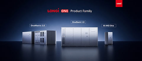 Infographic summarizing LONGi's LONGi ONE BESS portfolio launched at Intersolar Europe 2026, highlighting utility-scale, C&I, and plant-level battery storage solutions with key performance metrics, AI-based control and safety features.