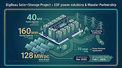 An infographic illustrating the BigBeau Solar+Storage project in Kern County, California, highlighting its 128 MW ac solar capacity and 40 MW/160 MWh BESS. The visual shows the project's partnership, 15-year PPA status and operational timeline since December 2022.