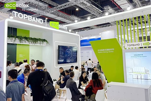 An infographic displays the Topband New Energy & Ecosolex energy storage portfolio at SNEC 2026, featuring numerical specifications for the EcoStor, Flexo and Valtrix systems. The layout also highlights cloud EMS capabilities and provides booth details for the exhibition in Shanghai.