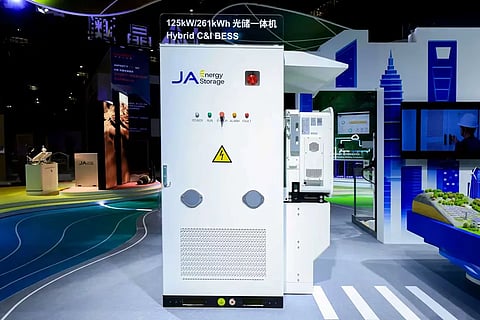 The image displays the JAPlanet Fusion C&I hybrid solar-plus-storage system's specifications, key performance applications, and an integrated system architecture diagram. It highlights a 125kW/261kWh capacity and illustrates its use in industrial and commercial settings for optimized energy management.