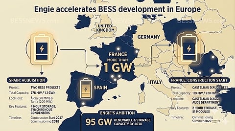 Infographic map displaying Engie’s BESS development in Europe with project locations, technical capacities and strategic growth goals. It highlights BESS expansion in Spain and France with key metrics, grid stability and renewable integration targets.