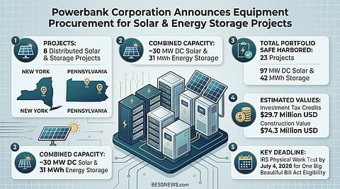 An infographic displays key project statistics, financial data and regulatory deadlines across New York and Pennsylvania. It uses numbered sections and a central illustration of battery energy storage units to summarize the 30 MW solar and 31 MWh storage expansion.