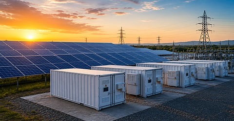 Infographic showing India’s solar-plus-BESS co-location model, with solar panels charging battery storage during daytime generation and stored power discharged during evening peak demand to support grid stability, transmission utilisation and renewable energy integration.