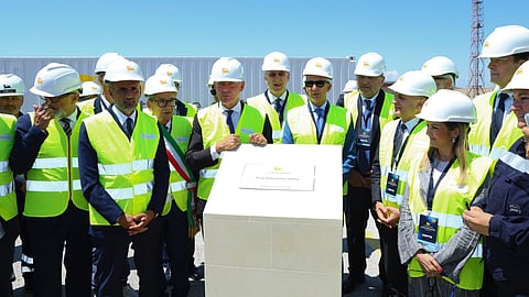 The image shows Eni Storage Systems’ Brindisi ceremony marking the start of construction for an integrated LFP battery production hub tied to BESS assembly, cathode material production and recycling.