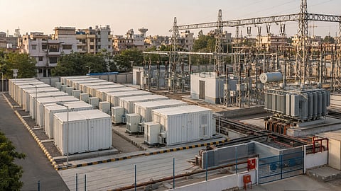 A neutral editorial image shows containerized BESS units and 66/11 kV grid equipment representing TERI's RfP for BRPL's 57.5 MW / 115 MWh battery storage procurement in Delhi.