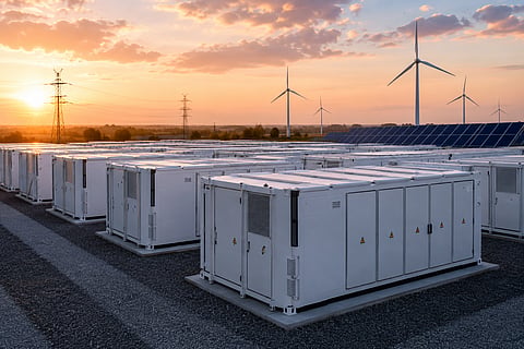 Utility-scale battery energy storage containers with solar panels, wind turbines and power lines at sunset.