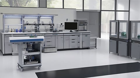 The collaboration between PerkinElmer and Covalent to advance failure analysis and materials characterization for the semiconductor, electronics, and battery industries, featuring analytical instrumentation in a high-tech laboratory setting.