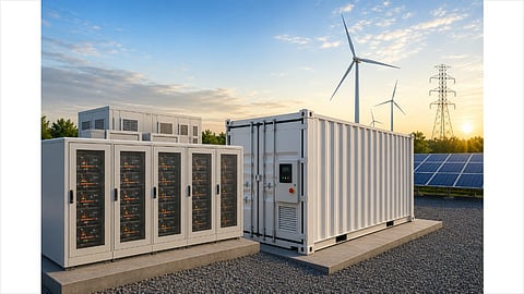 Containerised battery storage units and battery cabinets illustrating AmpereHour Energy’s planned 5 GWh BESS manufacturing expansion in Chakan, Pune.