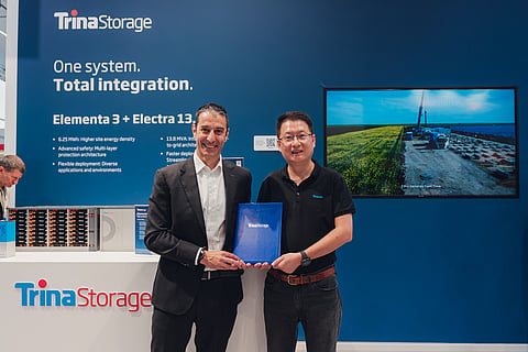 Integrated battery energy storage system installed beside the Fageråsen wind farm in Sweden, representing Trina Storage's 50 MW/209 MWh BESS project for OX2 using the Elementa 3 and Electra 13.8 platform.