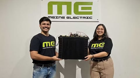 Meine Electric co-founders Priyansh Mohan and Stuti Kakkar in an image accompanying the validation of the startup’s iron-air cells under a 6-hour charging and 18-hour discharging test cycle.