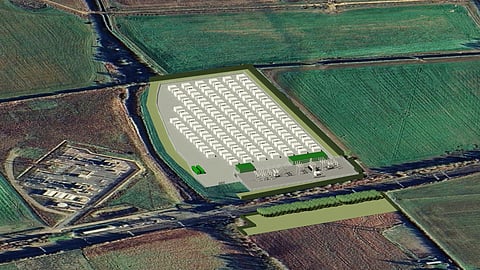 Aura Power's planned 100 MW Sandford Battery Energy Storage System in Somerset, approved by North Somerset Council, located adjacent to a National Grid substation to support renewable energy integration and grid flexibility in the United Kingdom.