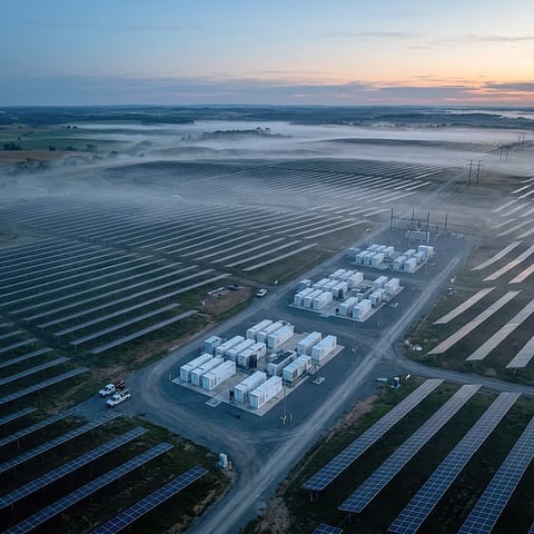 A utility-scale battery energy storage system with containerized battery units installed beside a solar photovoltaic facility in Bristol, UK, representing the 70 MW/140 MWh Lower Larks co-located solar and battery project operated by Cero Generation and Enso Energy.