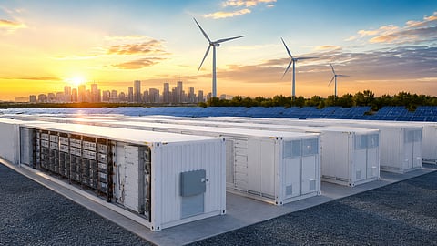 Utility-scale battery energy storage containers with solar panels and wind turbines in the background, representing grid-scale battery manufacturing and renewable energy infrastructure.