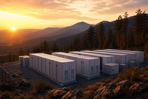 AI-generated aerial view of containerised battery storage units and electrical infrastructure in a rural Texas landscape. 