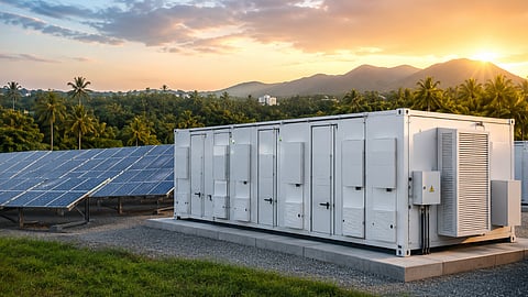 An AI-generated image represents the BESS facilities being advanced by Kerala and KSEB to store low-cost daytime solar electricity for use during periods of higher night-time demand.
