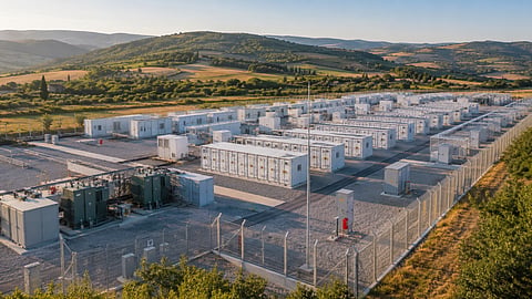 An AI-generated illustration shows aligned containerised BESS units representing Enfinity Global and E Energy Invest's fully authorised 150 MW/600 MWh, four-hour storage project in Livorno province, Tuscany.