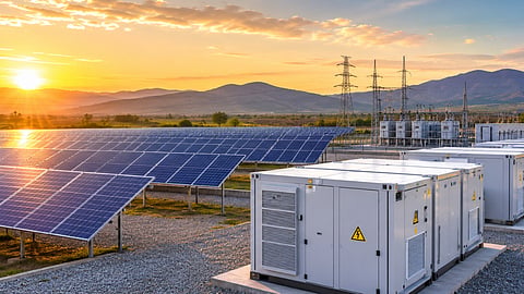 A utility-scale solar and containerised BESS installation representing ACME Solar’s 450 MW/1,800 MWh FDRE project, which has secured INR 2,646.64 crore in financing from REC.
