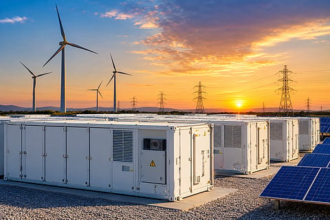 Utility-scale BESS containers and a pumped storage reservoir connected to India's transmission grid.