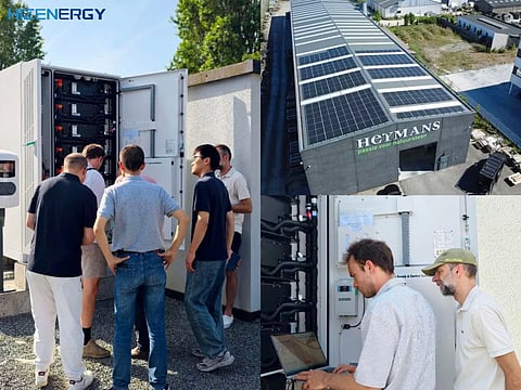 HIZENERGY's 125 kW EnerBox battery energy storage system installed alongside rooftop solar panels and EV charging infrastructure at a commercial and industrial manufacturing facility.