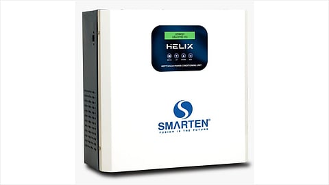 A white Smarten HELIX MPPT solar power conditioning unit with a digital display, control buttons and the company logo on its front panel.