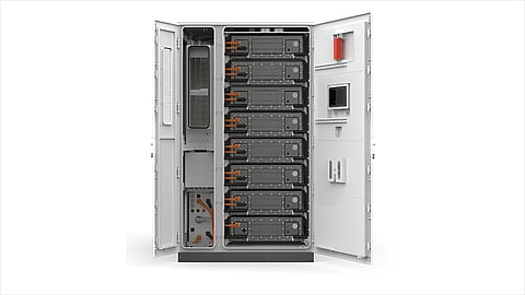 Stacked battery modules and integrated components representing BESS manufactured at Midwest Energy’s Bengaluru facility.