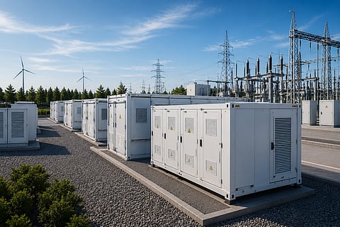 A conceptual rendering of the Midwater Battery Energy Storage System in Freeborn County, Minnesota, showing utility-scale battery containers and grid infrastructure adjacent to a high-voltage substation representing the approved 150 MW / 600 MWh standalone energy storage project in the MISO region.