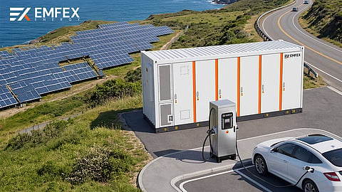 Emfex Energy-branded containerised BESS and an EV fast charger beside a solar installation, representing the company’s integrated storage and charging equipment portfolio.