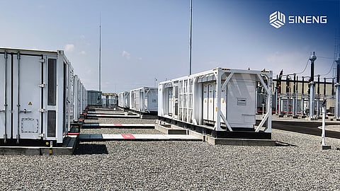 Sineng Electric's grid-forming energy storage installation in Uzbekistan, where a 119.25 MW/265 MWh project completed whole-station black start validation.