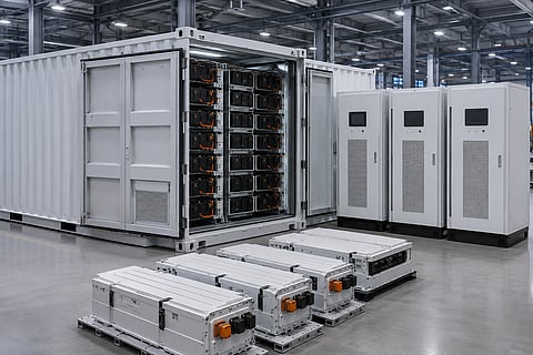An illustrative industrial BESS installation with battery modules and inverter cabinets represents the energy storage products proposed for manufacturing, marketing and distribution through the planned Highway Holdings and Huahu joint venture.