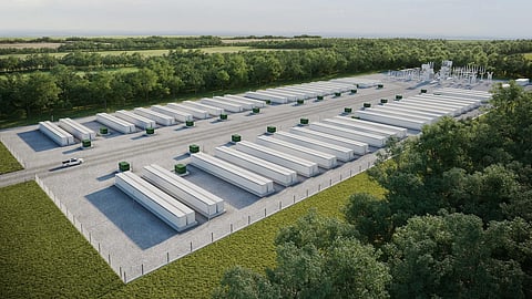 A rendering of the planned Simcoe Battery Energy Storage System in Norfolk County, Ontario, showing utility-scale battery containers and electrical infrastructure for the 150 MW / 1,200 MWh project developed by Aecon and its partners.