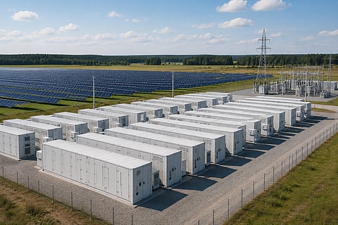 Ground-level view of aligned containerised BESS units beside solar arrays and shared grid infrastructure, representing the planned 107.2 MW/214.5 MWh Tume project in Latvia.