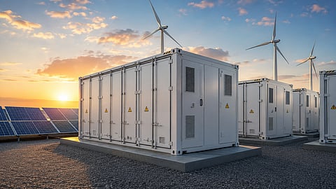 Battery energy storage containers at a utility-scale installation representing India's proposed GST reduction on standalone BESS to support renewable energy integration and grid flexibility.