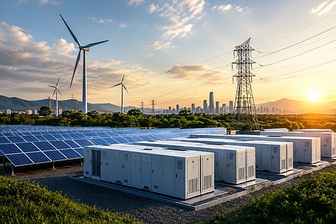 Solar panels, battery storage units, wind turbines and transmission lines form an integrated renewable power system beneath a sunset sky.