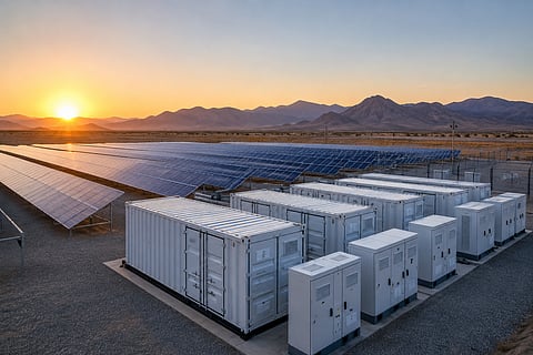 An illustrative battery energy storage installation beside solar arrays represents Dynospark's Rajasthan captive project, which pairs a 20 MWh BESS with 25 MW AC/36.25 MW DC of solar capacity for JK Lakshmi Cement.