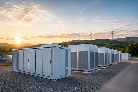 An illustrative containerised battery energy storage installation represents PowerBank's Ontario development agreement for a BESS opportunity intended for IESO's LT2(c-2) procurement and its work exploring a potential 18 MW project in Hamilton.