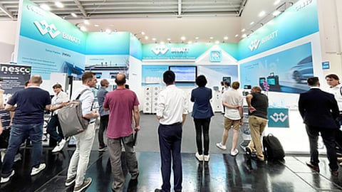 BIWATT showcasing the PowerNest R5 and PowerLake I3 sodium-ion batteries at their Intersolar Europe 2026 booth in Munich.