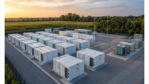The source photo depicts BESS Bollingstedt in Germany, the operational 103.5 MW/238 MWh battery energy storage system that Alpiq is acquiring from ECO STOR as its first operational large-scale BESS in the German market.
