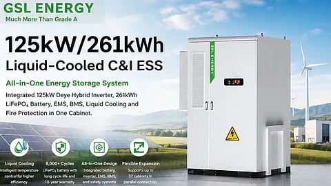 GSL Energy's BESS-261K and BESS-125K418 liquid-cooled C&I energy storage systems with Deye hybrid inverters, shown at Intersolar Europe 2026. 