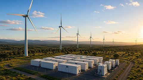 An illustrative onshore wind and battery storage installation represents Copenhagen Infrastructure Partners' Gawara Baya project in North Queensland, combining a 408 MW wind farm with 104 MW of grid-forming BESS as the project enters construction.
