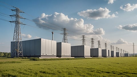 Battery storage containers are lined up beside transmission pylons on farmland under a blue sky.