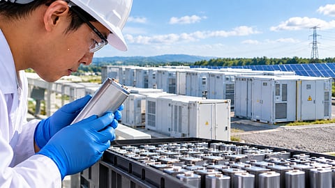 Technician inspecting a battery cell at a utility-scale battery energy storage facility with solar panels in the background.